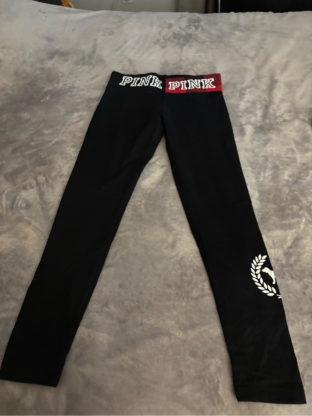 Victoria's Secret PINK Black Leggings with Red and White Logo Waistband like new